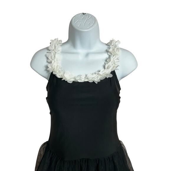 Shein Black Mini Dress Sz M Balletcore Mesh Skirt White Roses Attached Shorts - Picture 4 of 9